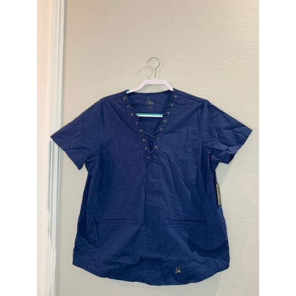 Jaanuu NWT Lace Up Blue V-Neck Scrub Top Sz XL Short Sleeve Two Pockets - Picture 1 of 7